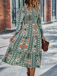 Lässige Kleider Elegantes Blumendruckkleid Frau Rot Großer Saum Rüschen Boho Midi Frühling Herbst Mode A-Linie für Frauen 2023