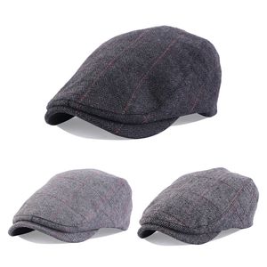 Yeni Erkekler Klasik Ekose Stripe Newsboy Cap Kış Yün Karışımı Düz ​​Ivy Vintage Gatsbay Şapk İrlandalı Açık Cabbie Bere Ressam HA