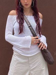 T-shirt das mulheres Y2K Hollow Out Cropped Knit Smock Top Vintage Solto Vintage Crochet Pulôveres Flare Manga Casual Fairycore Chic Pano 230215