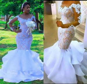 Wedding Dress Plus Size Mermaid Dresses Sheer Off Shoulder Lace Appliques Illusion Bridal Gowns Tiered Ruffles Long Sleeve Garden 0516