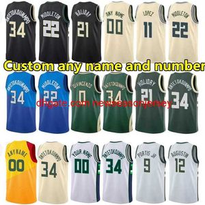 ponto bordado Custom Basketball Jerseys Giannis 34 Antetokounmpo Khris Middleton Jrue Holiday Bobby Portis jr Connaughton Grayson Allen 75th