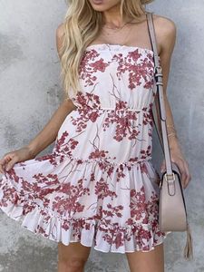 Casual Dresses Floral Ruffled Strapless Pleated Bandeau Mini Dress 2023 Summer Women's Flowy Skater Tube Off Shoulder Beach