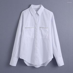 Blusas femininas tops feminino moda moda faux shinestone acaba bolso de manchas de camisa branca top lapela de manga comprida botão escondido