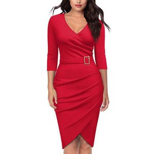 Casual Dresses Formal Dress Women Summer Solid Color 34 Sleeve Elegant Dress High midje Belted Oregelbundet blyertsklänning Röd 230215