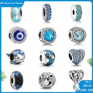 925 Sterling Silver Dangle Charm blue mermaid princess shell pendant Beads Bead Fit Pandora Charms Bracelet DIY Jewelry Accessories275R