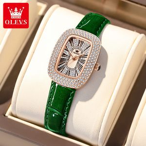 Armbandsur Olevs Ladies Quartz Titta på lyxig full diamantuppringning vattentät grön läderband mode kvartskvinnor titta 230215