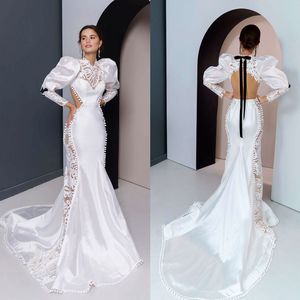 Simple White Mermaid Wedding Dresses Sexy High Neck Lantern Sleeve Vestido De Noiva Custom Made Bridal Dress
