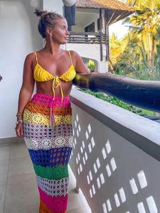 Colorful Handmade Crochet Long Maxi Skirts Women Summer Drawstring High Waist Hollow Out Beach Bikini Coverup Bottom