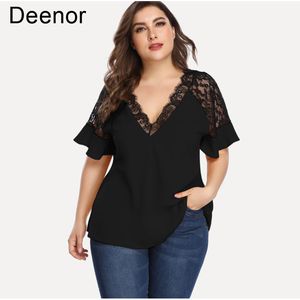 Women's Plus Size T-Shirt Deenor Plus Size Women's Tops Lace Stitching Sexy Bottoming Top V-neck Casual Women's T-shirt Solid Color Femme Wear 230215