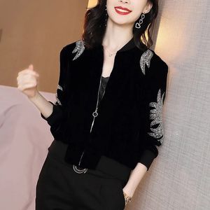 Women's Jackets Europe Fashion Autumn Velvet Jacket Women Long Sleeve Baseball Sequins Coats Women Casual Slim Black Ladies Jackets Clothes 230215