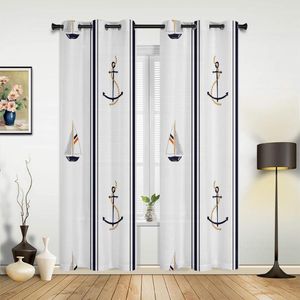 Curtain Boat Anchor Stripes Rectangle White Curtains For Bedroom Living Room Drapes Kitchen Children's Window Home Decor