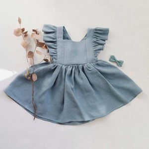 Girl Dresses 4 Colors Baby Girls Princess Strap Dress Sleeveless Overalls Infant Kids Cotton Linen Ruffles Criss-Cross Lace 6M-6T