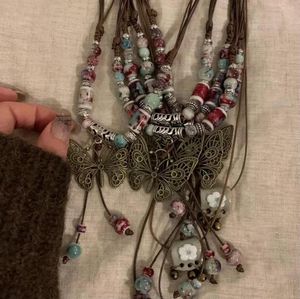 Colares de pingentes de contas de borboleta vintage de colar de cadeia de tecidos para mulheres charme estética elegante clavícula chinês jóias étnicas