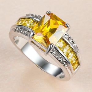 Anéis de casamento, engajamento amarelo de zircão de cristal para mulheres anel de pedra quadrado de joalheria