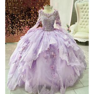 L￤tt lila quinceanera kl￤nningar f￶r s￶ta 16 flickor prinsessor bollkl￤nningar 3d blommor p￤rlor korest vestidos de 15 anos