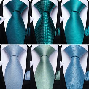 Bolo Ties DiBanGu Mens Necktie Teal Green Blue Solid Design Silk Wedding For Men Hanky Cufflinks Set Fashion Bussiness Party 230216