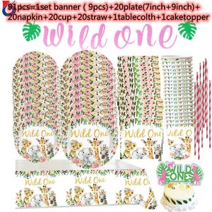 Disposable Flatware 1set Pink Wild One girl 1st Birthday Party Theme Tableware Paper Plates Cup Jungle Safari Supplies baby Shower kids Dec 230216