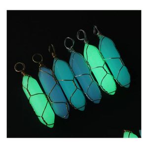 Charms Hexagonal Cylindrical Crystal Stone Glow In The Dark Luminous Wire Wrap Stones Pendant For Necklaces Jewelry Making Women Men Dhihh