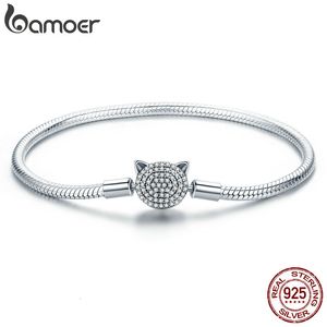 Charmarmband 100% 925 Sterling Silver Glittering CZ Söt katt Snake Chain Armband för kvinnor och pärla DIY fina smycken SCB053 230215