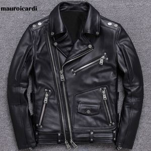 Men's Fur Faux Mauroicardi Spring Black Pu Leather Motorcycle Jacket for Men Style Long Sleeve Zipper Pockets Mens Jackets and Coats 230216