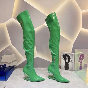 Fashion Week Star Knielange Lederstiefel mit Ledersohle genähte hohe Damen-Lacklederstiefel 35-41