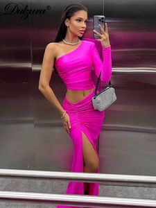 Sukienki swobodne Dulzura Long Rleeve jedno ramię Maxi Sukienka wycięta Ruche Slit Bodycon Sexy Prom Elegancki wieczór Y2K Ubrania urodziny T230210