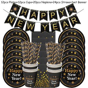 Posate usa e getta Happy Year decorazione per feste Set di stoviglie 69 pezzi nero oro anno Piatti Bicchieri di carta Banner Bomboniere 230216