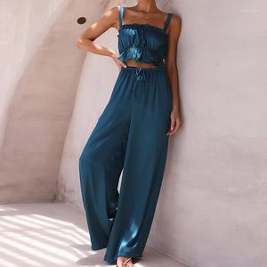Women's Two Piece Pants Women Sexy Spaghetti Strap Tops Wide Leg Sets Fashion Streetwear Loose Boho Holiday Outfits 2023 Summer Solid Beach