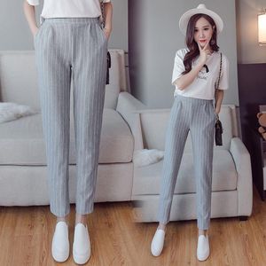 여성용 바지 Capris Aselnn 가을 여성 패션 탄성 허리 캐주얼 스트라이프 Peneil Women Work Wear 바지 하렘 드롭