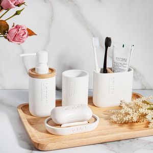 Set di accessori da bagno Bianco semplice resina bambù combinazione dispenser di sapone da bagno bicchiere portaspazzolino pulizia del vassoio del sapone