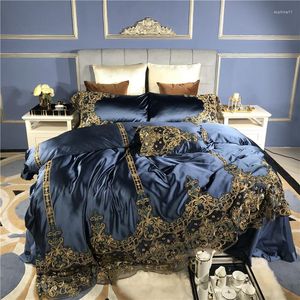 Conjuntos de cama Azul Luxo Romântico Golden Lace Bordado 100S Silk Algodão Royal Soft Set Duveta Capa Cama Folha Linho Fronhas Melhor Qualidade