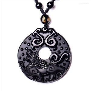 Colares pendentes de pingentes de obsidiana negra natural, carros esculpidos, homens chineses antigos dragão oco pixiu kylin abençoando jóias de colar de sorte