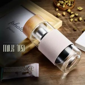 12oz Glass Water Bottles Heat Resistant Round Office Tea Cup With Stainless Steel Tea Infuser Strainer Tea Mug Car Tumblers Wholesale