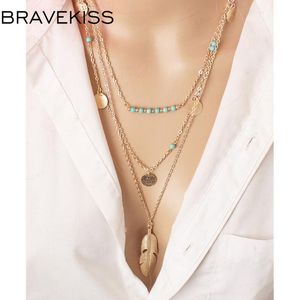 Pendanthalsband Bravekiss B￶hmen Sequin Long Necklace Leaf Ethnic Feather Bead Multi-Layer Fashion Jewelry for Woman Summer BPN1233