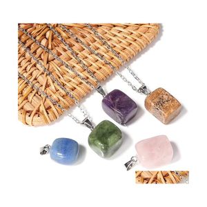 Pendant Necklaces Cubic Square Healing Crystal Natural Stone Charms Green Pink Opal Stainless Steel Chain Wholesale Christmas Jewelr Dhelb