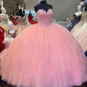 Quinceanera Dresses Princess Sweetheart Pink Sequins Ball Gown with Appliques Lace-up Tulle Sweet 16 Debutante Party Birthday Vestidos De 15 Anos 11