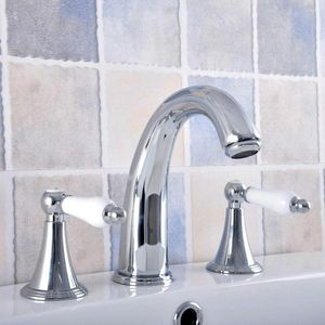 Rubinetti per lavabo da bagno Rubinetto per lavabo cromato lucido Diffuso Miscelatore per acqua fredda a 3 fori Vanity a 2 maniglie