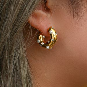 Hoop Huggie Chunky Stainless Steel Gold Desinger Earrings For Women Irregular Pearl Zircon Paved Thick Statement Earring Jewelry 230215