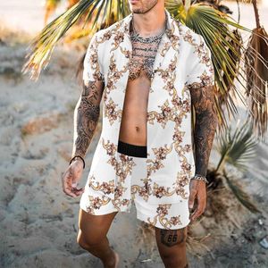Jogging Clothing Summer Men's Shirt Short Sleeved Buttoned Cardigan Collocation Casual Beach Pant Drawstr Loose Board Type 3D Two-Piece Suit