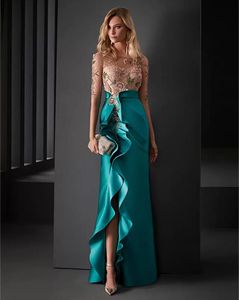 Ruffle Slit Long Mother Of The Bride Dresses Half Sleeves Lace Applique Beaded Teal Satin Guest Wedding Party Gowns Godmother Groom Mom Prom Evening Gowns