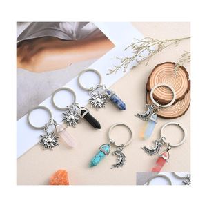 Key Rings Natural Opal Stone Keychain Women Hexagonal Column Rose Quartz Chains With Sun Moon Jewelry Couple Friends Drop Delivery Dhzor
