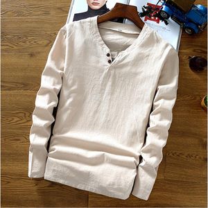 Men's T Shirts Big Size M-6XL 7XL Chinese Style Man T-shirts Summer Autumn 2023 Cotton Linen O-neck Full Sleeve Tops Two Buttons Solid Top