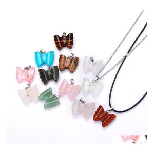 Pendant Necklaces Natural Stone Carved Butterfly Necklace Opal Tigers Eye Pink Quartz Crystal Chakra Reiki Healing For Women Jewelry Dh5Ny