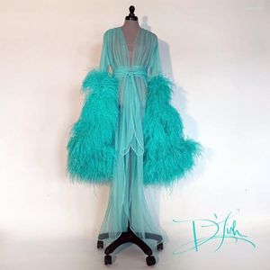 Vestido de dama de honra Mint Avestruz Feather Mulheres do sono Robo de banho Long Tule Kimono Vestido de Babydoll Beltoll Lingerie Bath Robe Calças de luxo