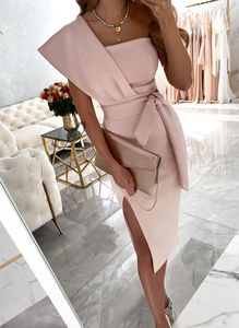 Casual Dresses Women Elegant Sashe Slim Party Fashion Commute Lady Bodycon Pink Sexy One-Shoulder Slit Midi Vestido 230216