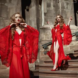 Brautjungfernkleid Rote Brautnachtwäsche Damen Robe Kleid Sets Spitze Bademantel Nacht Sexy Illusion Damen Designer Pyjamas Femme