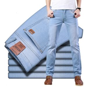 Herr jeans sulee märke topp klassisk stil män vår sommar jeans affärer casual ljus blå stretch bomull denim manliga byxor 230215