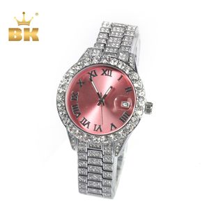 ساعات المعصم The Bling King Womens Watch Baby Pink Dial Iced Out Quartz Clock Luxury Fuckury Wathproof Wast