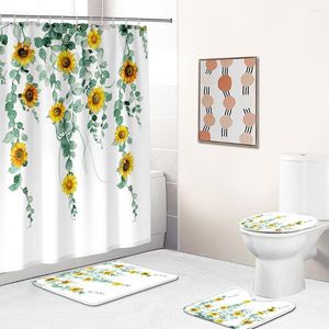 Badzubehör-Set, moderner, wasserfester und schimmelresistenter Duschvorhang mit Sonnenblumen-Aufdruck und Teppichen, WC-Abdeckung, Teppich, Fußmatte