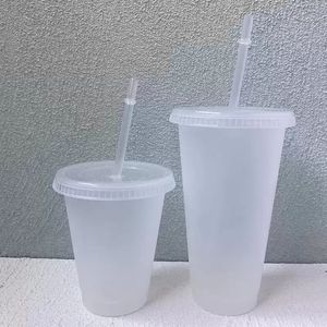 24oz Clear Cup Plastic Transparent Tumbler Summer Reusable Cold Drinking Coffee Juice Mug with Lid and Straw FY5305 GG0216